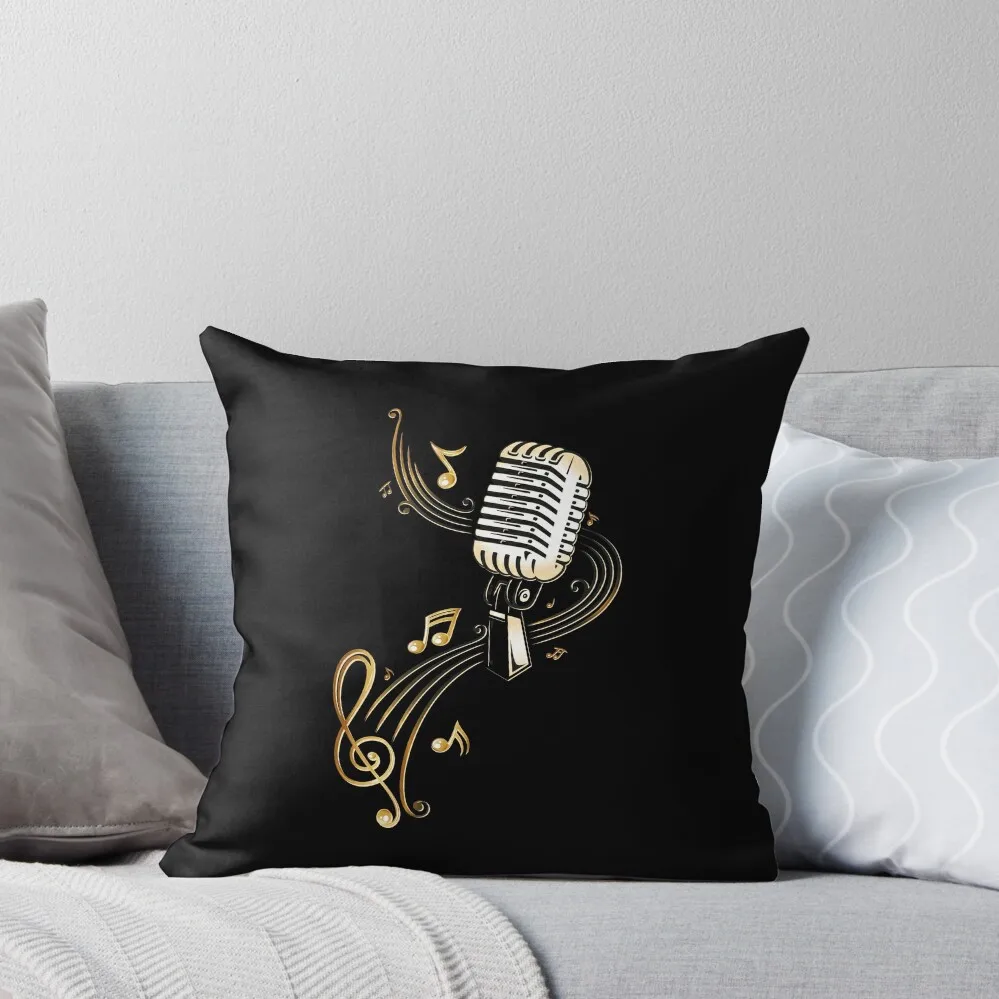 Retro microphone with music notes and clef. Throw Pillow Sofa Pillow Cover Cushion Cover Sitting Cushion Christmas Pillow