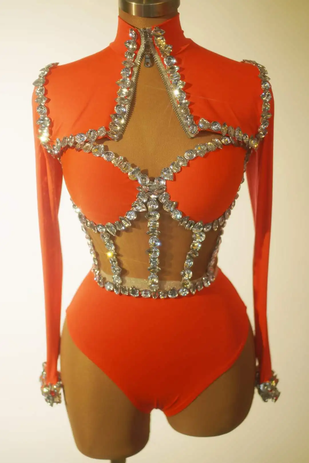 Sparkly Rhinestone Bodysuits For Women Long Sleeve Body Suits Purple Red Dance Drag Queen Costume