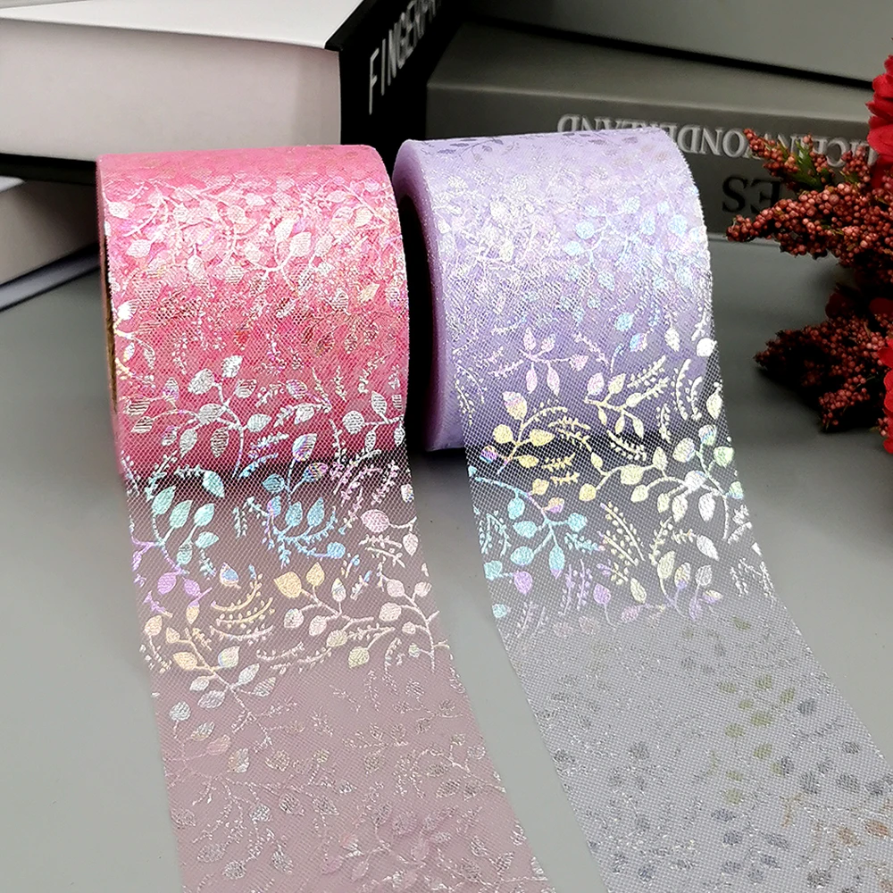 6cm 25yards Tulle Rolls Iridescent Flower Vine Gauze Mesh Organza Ribbon Tape for DIY Princess Hair Clip Bow Bouquet Cake Topper