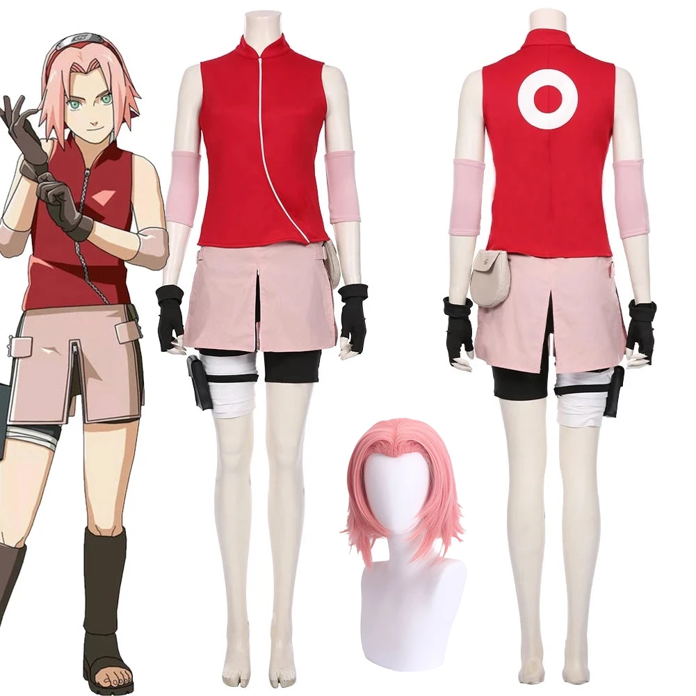 

Anime Ninja Sakura Cosplay Haruno Costume Wig Combat Uniform Women Girls Shippuden Ninja Outfits Halloween Party Cos Costumes