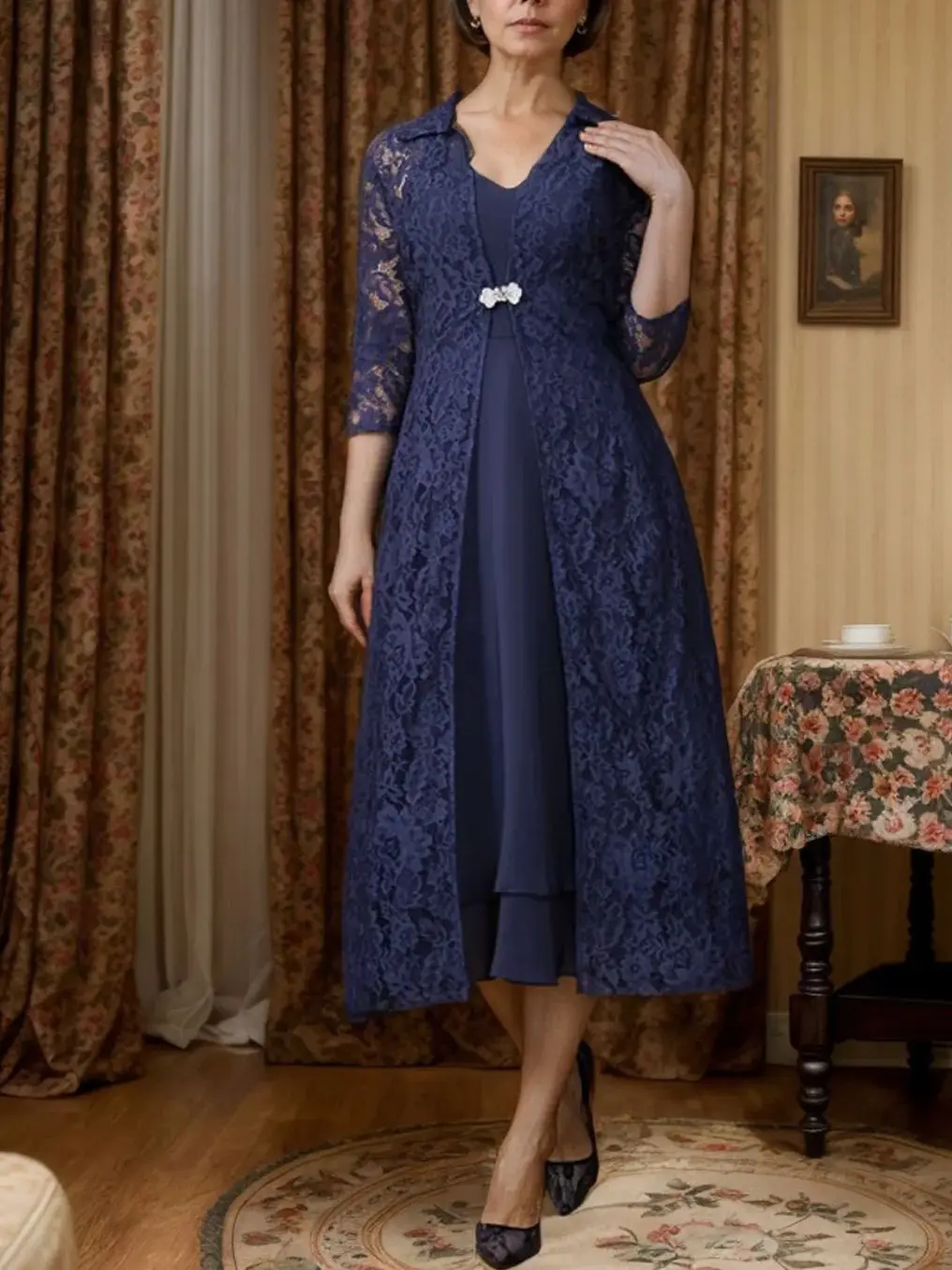 

Elegant A-Line Two Piece Mother of the Bride Dress V-Neck Chiffon 3/4 Sleeve Tea-Length Ruched Evening Gown 2025 Free Customized