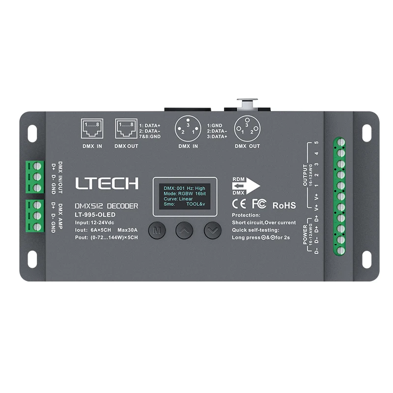 NEW LTECH Led DMX RDM Decoder Controller;DC12-24V 6A*5CH Max 30A 720W 5 Channel CV Constant Voltage DMX512 Slave 8 /16 Bit