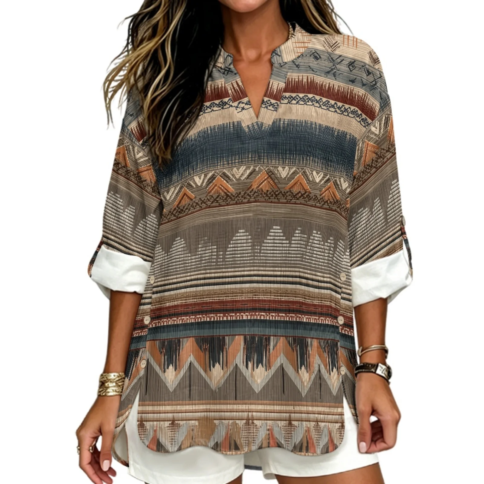 PENSTROLL Zigzag Pattern Linen Style Women's Blouse Dressy Casual Blouses for Ladies Rolled Sleeve Long Sleeve Tops for Women