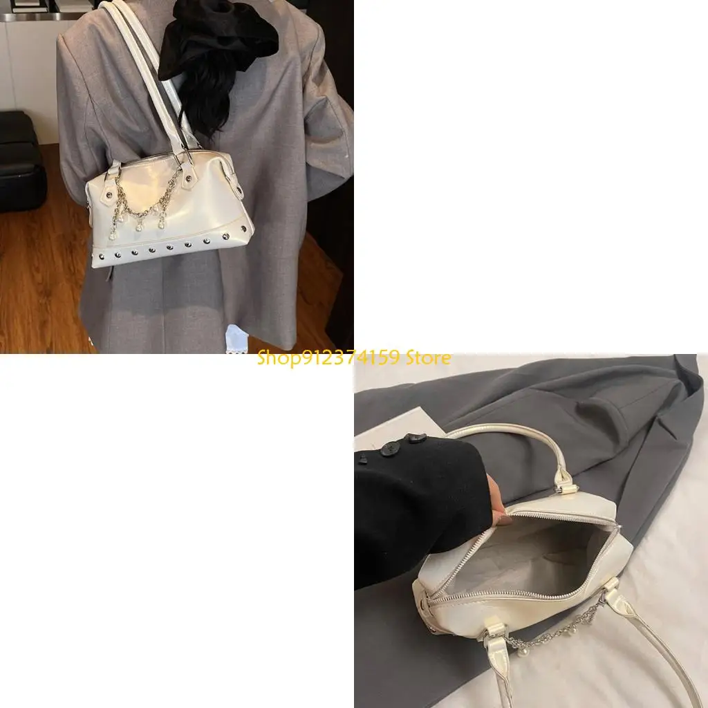 

G5AE Contemporary PU Leather Shoulder Bag for Women and Girls Underarm Bags Punk Rivet Decorated Top Handle Purse