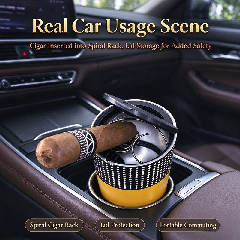 Car Cigar Ashtray with Lid Aluminum Alloy Portable Cup Holder Ash Tray Spiral Cigar Rack Heat Resistant for Vehicle Home Office