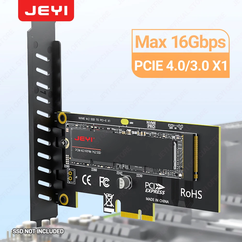 JEYI M.2 NVME SSD to PCIe 4.0 x1 Adapter Card, 2280 SSD PCIE X1 Expansion Card for Desktop PC, PCI-E GEN4 16Gbps Full Speed SK1