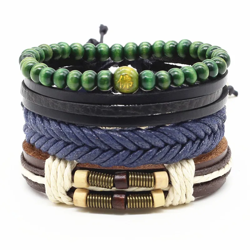 New Casual Weave Multilayer Football Words Charm Men Black Brown Leather Bracelets Female Women Homme Jewelry 4 pcs/Set