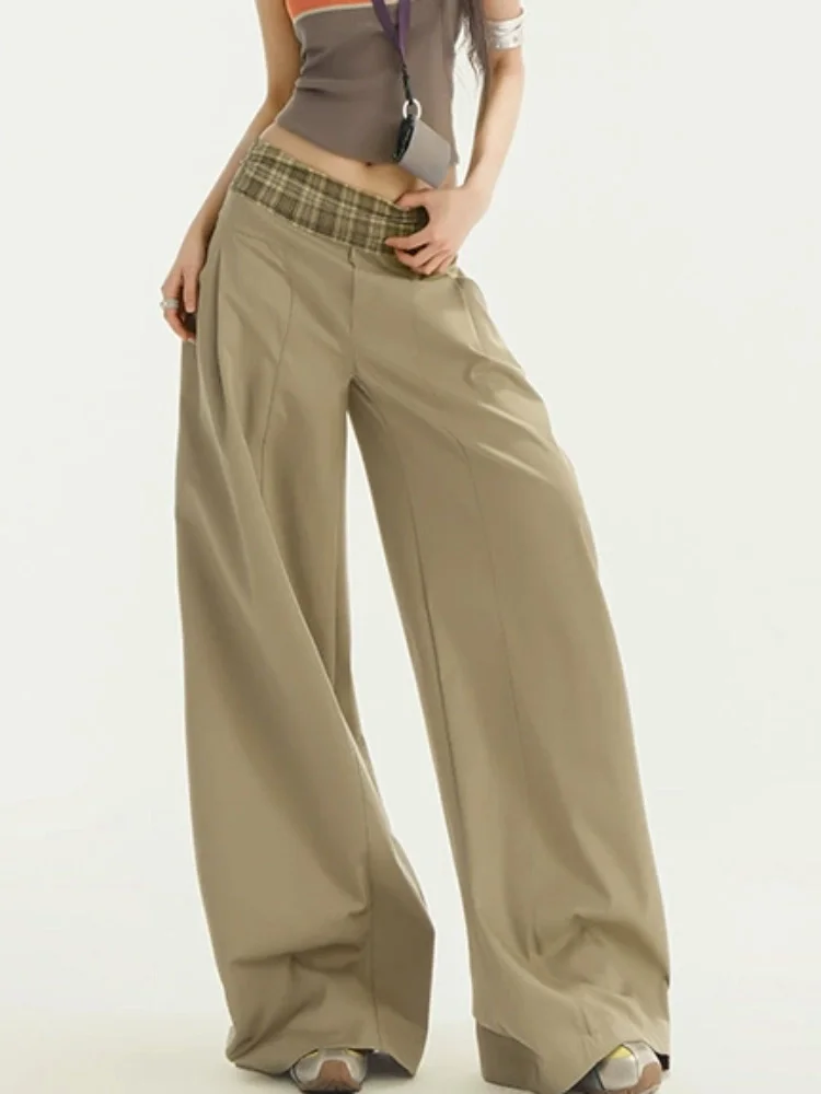Plaid Splicing Wide Leg Pants Women's Casual High Waisted Baggy Pantalones Fashion Straight Loose Patchwork Trousers Spodnie