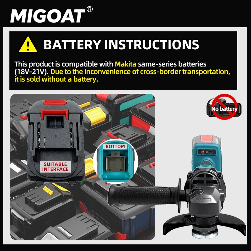 เครื่องเจียรโลหะ MIGOAT 125 มม., เครื่องเจียรแบบดิสก์ระดับมืออาชีพ, สำหรับตัดเหล็กและหิน, ใช้กับแบตเตอรี่ Makita 18V-21V