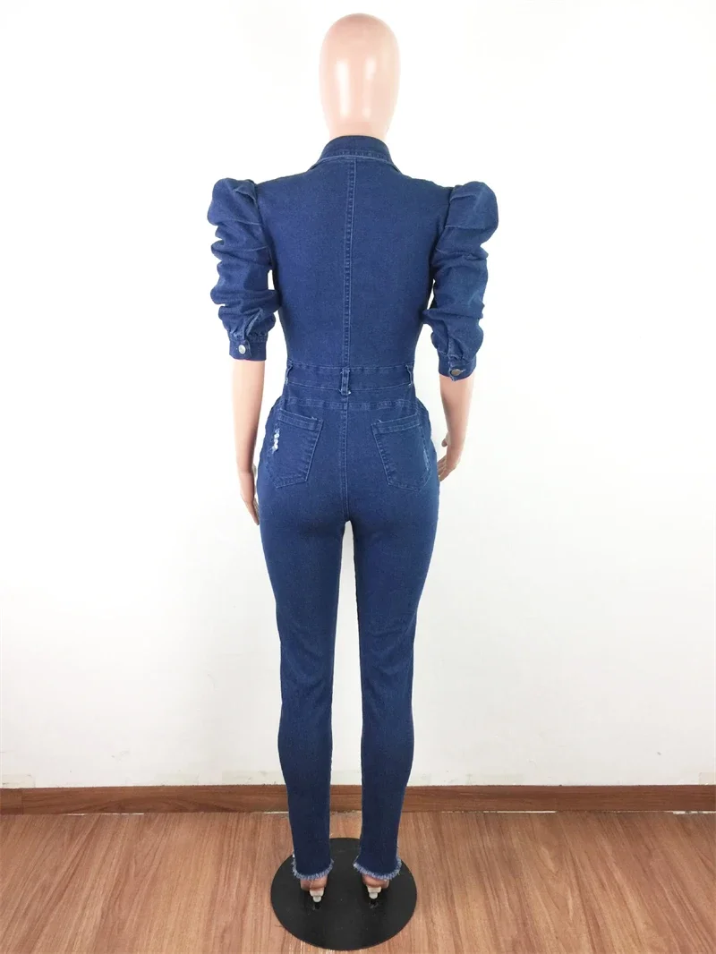 Streetwear Jumpsuit Denim pakaian musim gugur wanita 2024 Puff lengan turun leher Jean Romper playsuit satu potong overall pakaian