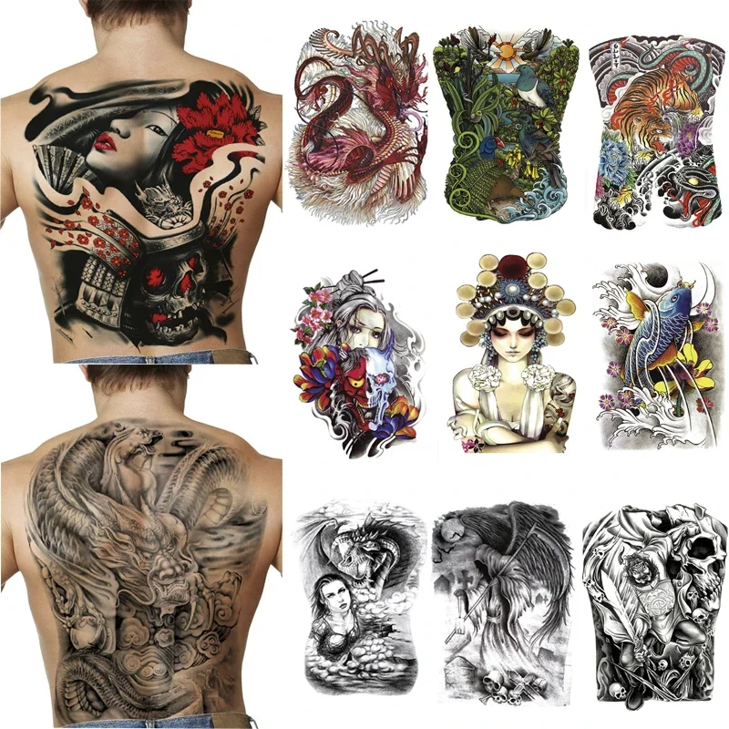 Tatouages temporaires imperméables pour hommes, grand tatouage au dos complet, faux Dragon fille, autocollant d'art corporel, décalcomanies Sexy transférables
