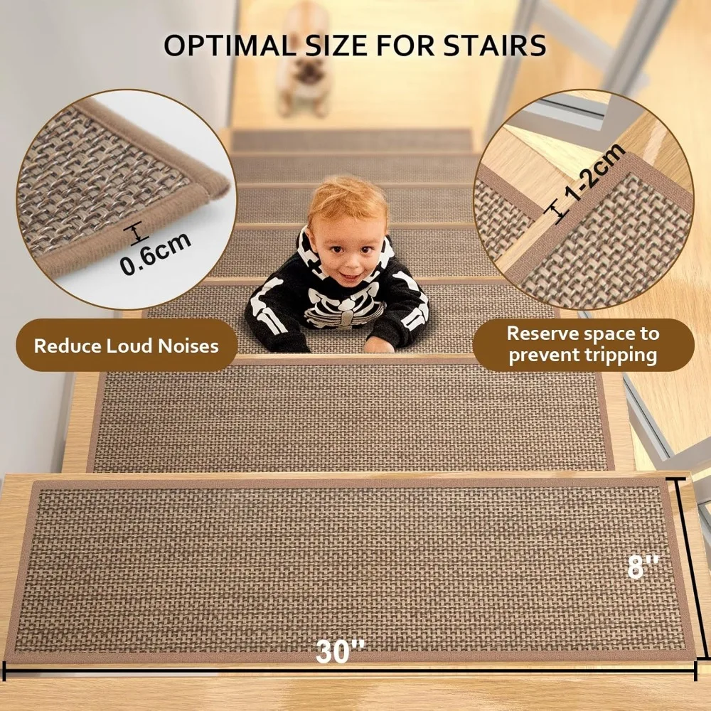 Anti Slip Stair Treads, Wooden Step Carpets, Indoor Stair Treads, Thickened Linen Surface, Self-adhesive Washable Backing