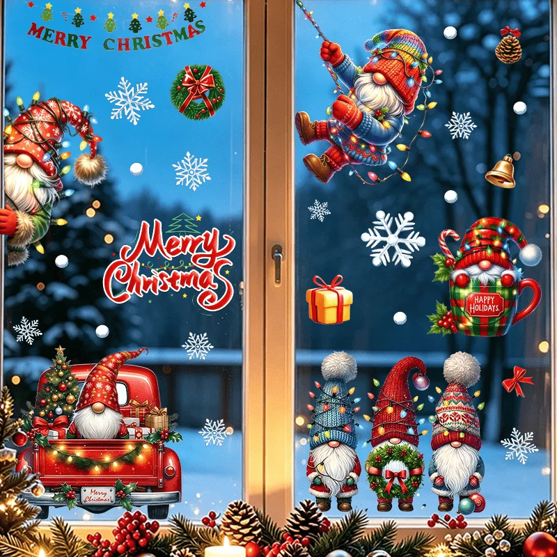 3pcs Christmas Gnome Themed Window Clings Wall Stickers, suitable for livingrooms, cabinets, bedrooms, glass windows