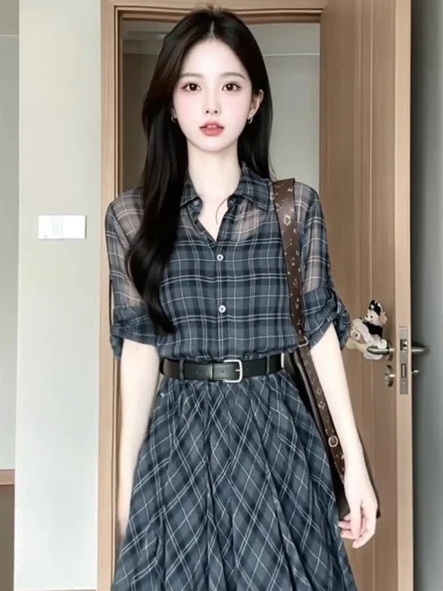 

Retro Blue Plaid Dress Women's Spring 2026 New Unique Beautiful Shirt Short Skirt Trendy Casual Breathable Long Sleeve Dress