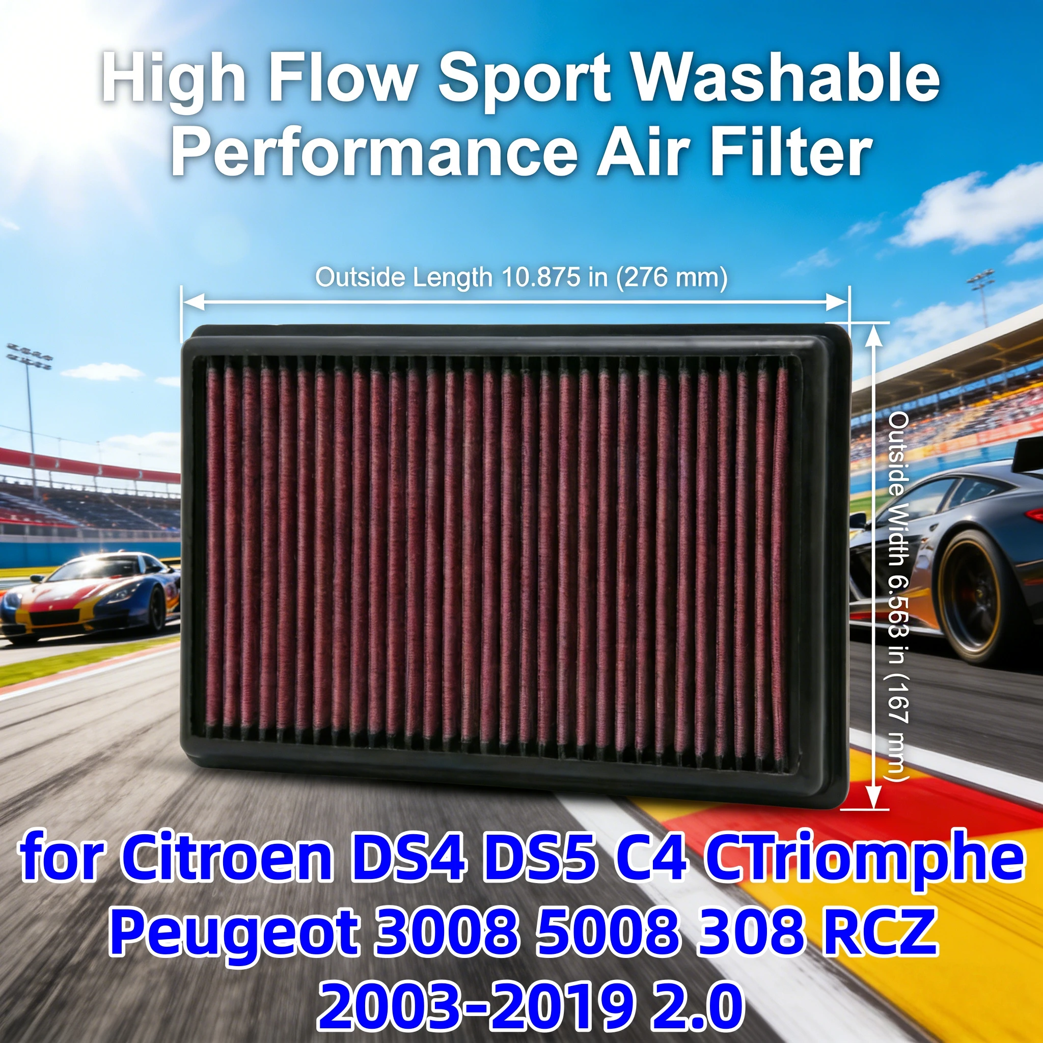 

for Citroen DS4 DS5 C4 CTriomphe Peugeot 3008 5008 308 RCZ 2003-2019 2.0 High Flow Sport Washable Performance Air Filter 33-2988