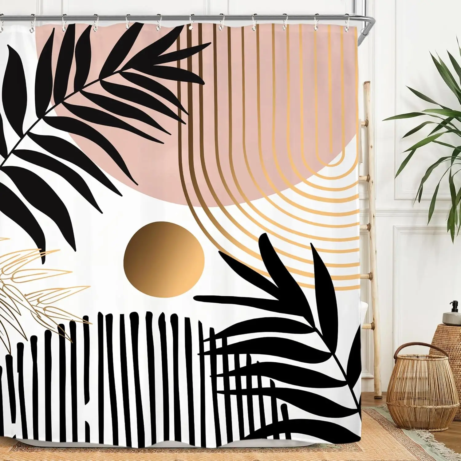 Abstract Modern Shower Curtain Set Minimalist Black Blush Pink Mid Century Aesthetic Plant Contemporary Art Polyester Waterproof