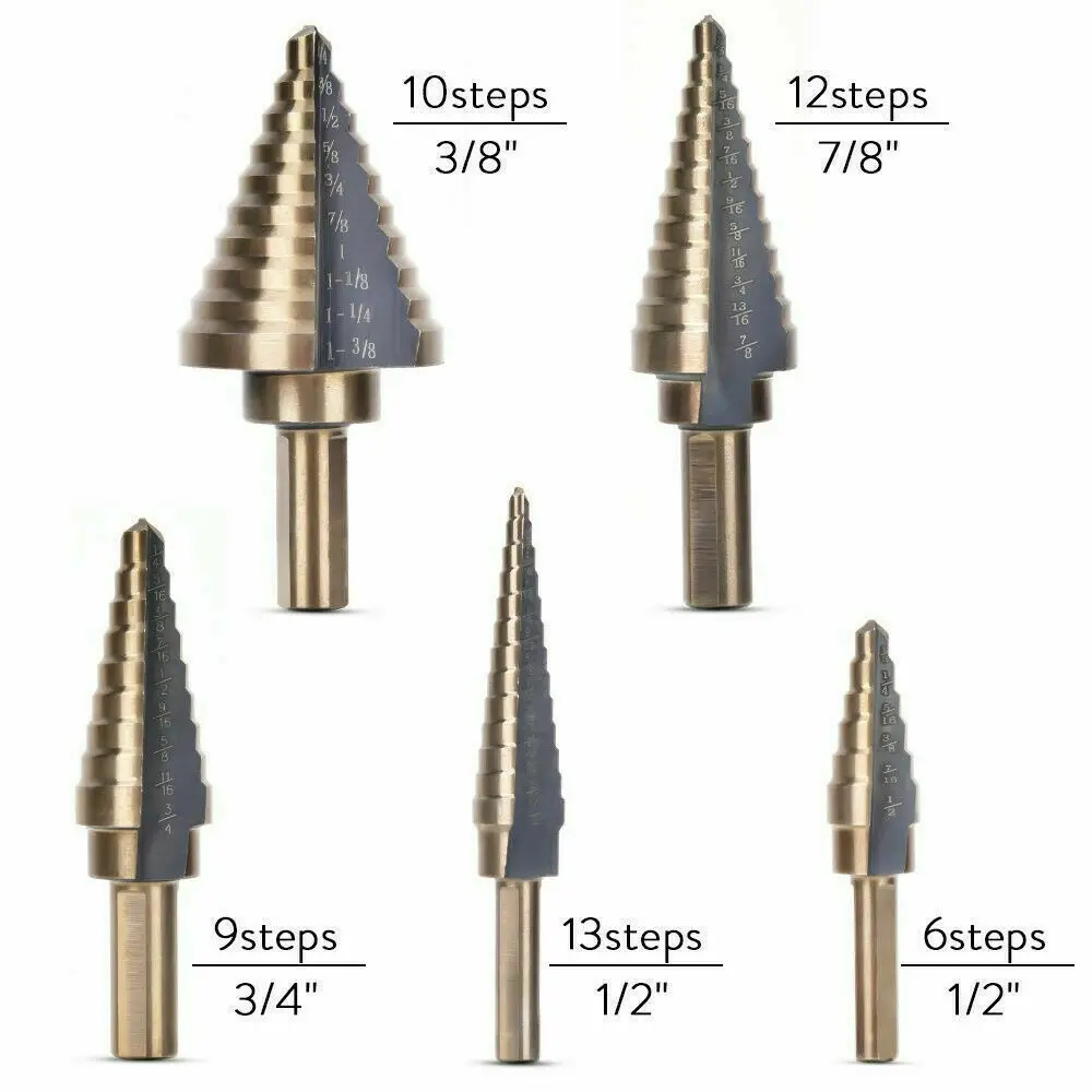 5-piece Set Of British Aluminum Box Step Drill Steel Punch British Reaming Drill Baked Yellow Pagoda Drill Table Step Drill