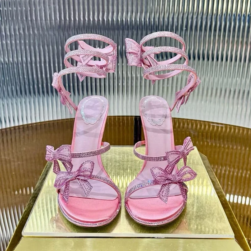 Thin High Heels Gladiator Sandals Women Rhinestone Bow Decor Snake Twine Around Ankle Strap Wedding Shoes Summer Party Sandalias
