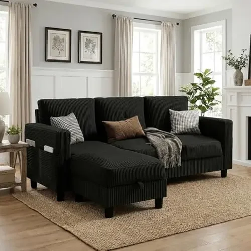 Convertible Sectional Sofa with Storage Ottoman, 77” L-Shaped 3-Seat Couch with Skin-Friendly Corduroy Fabric