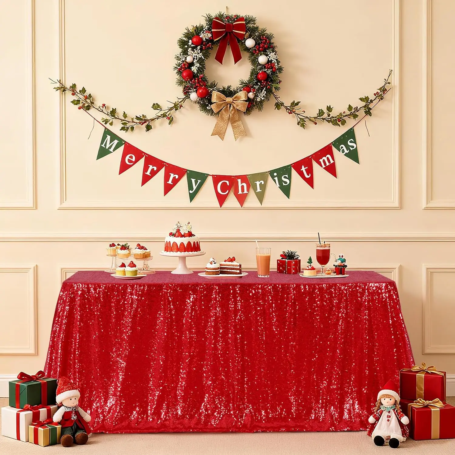 

Red Sequin Rectangle Table Cover Sparkly Fabric Table Cloth for Birthday Wedding Party Holiday Baby Shower Christmas Decoration