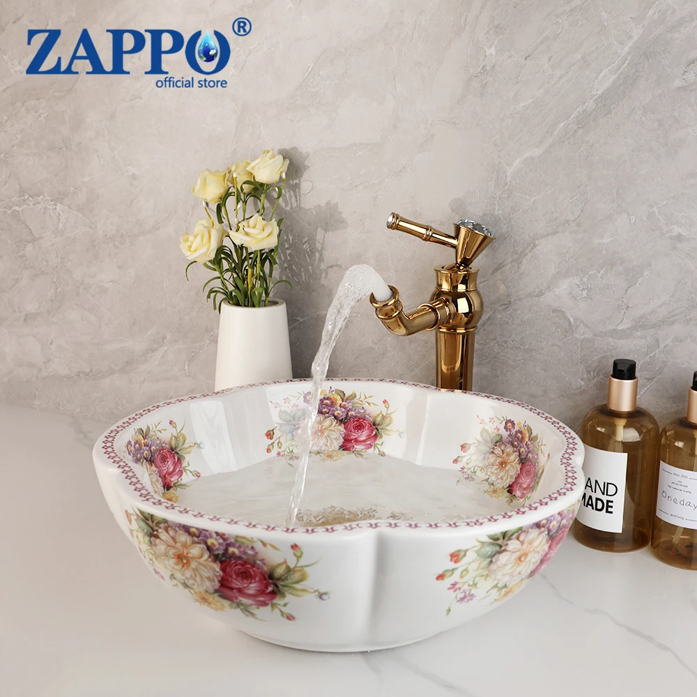 

ZAPPO Ceramic Bathroom Vessel Sink Faucet Set Flower Peony Design Porcelain Above Counter Sink for Bar Cloakroom Vanity Bowl