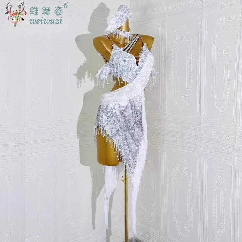 Latin Dance Stage Women's High-end Custom Split Open Leg Sling Dress Samba Rhinestone Competition Performance Costume Dress