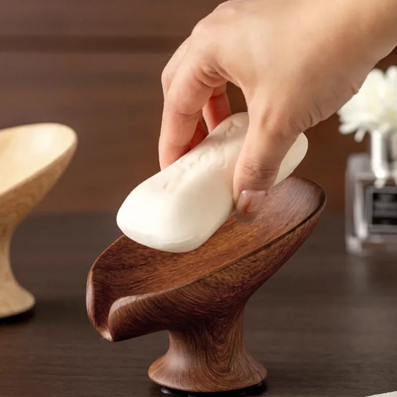 Vintage Style Walnut Finish Soap Dish, Lotus Leaf Design Bathroom Soap Holder with Drainage, Natural Wood Grain Soap Saver Tray