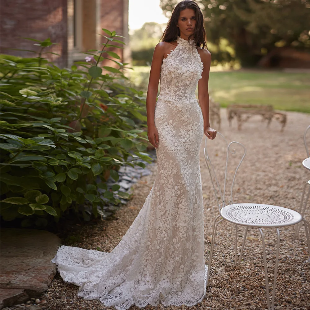 Exquisite Handmade Flowers Customized Robe de mariée Fashion Halter Mermaid Wedding Dress Dreamy Appliques Lace Vestido De Novia