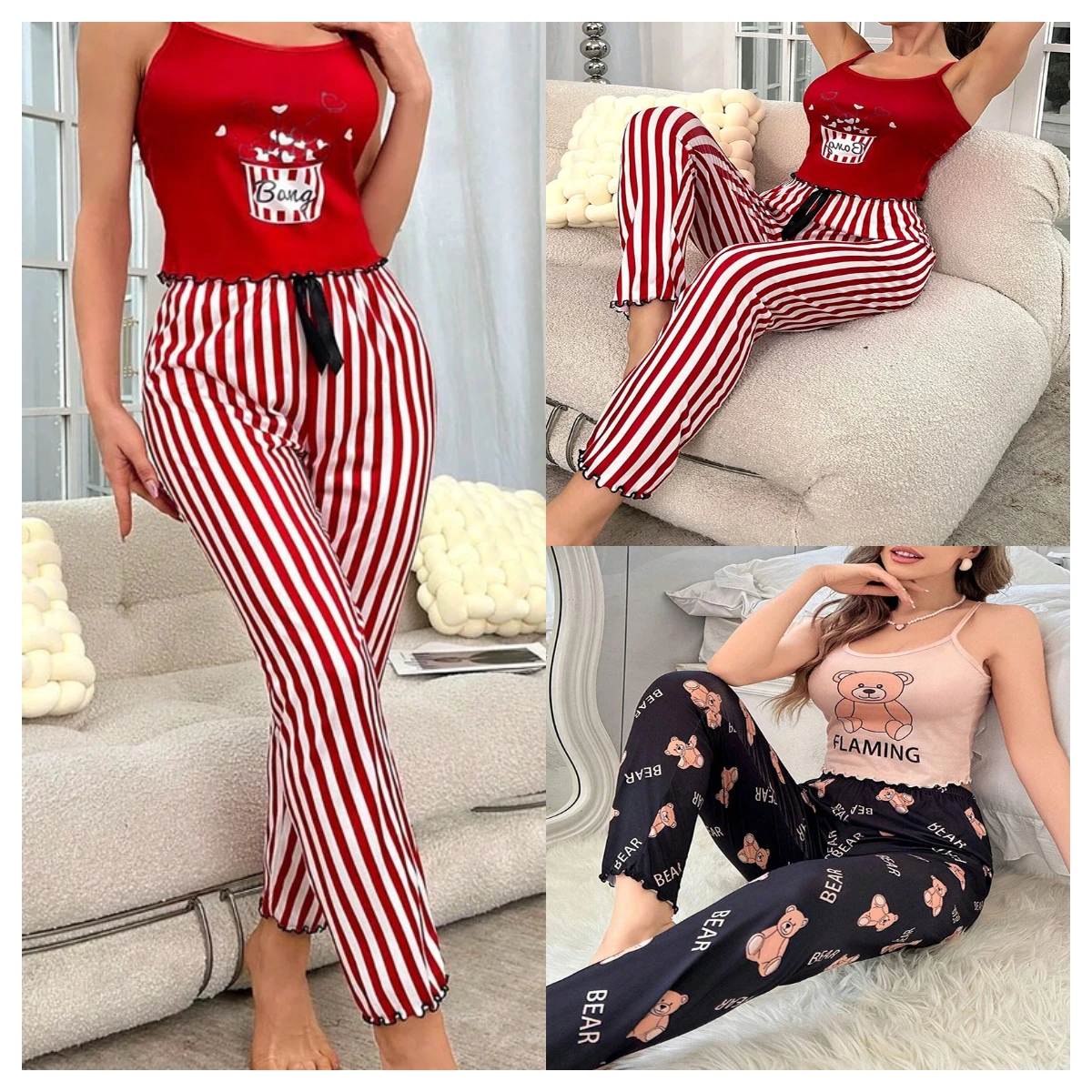 2PCS/Set Homewear Printed Suspender Pants Comfortable Casual Sexy Women Striped Bear Pajamas Plus Size Elastic Waist Loungewear