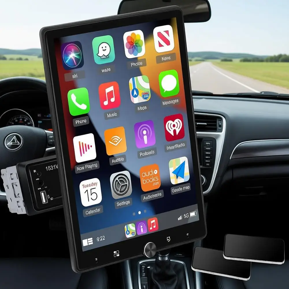 

Din Veal Car Stereo Rotatable 10.4 Inch Touch Screen Radio with Wireless Carplay/Android Auto/EQ Audio/Bluetooth/SWC/GPS Navigat