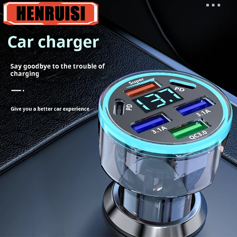 6 Ports USB Car Charger Fast Charging Type C Digital Display Car Phone Adapter For iPhone 15 14 Samsung Xiaomi USB C Car Charger