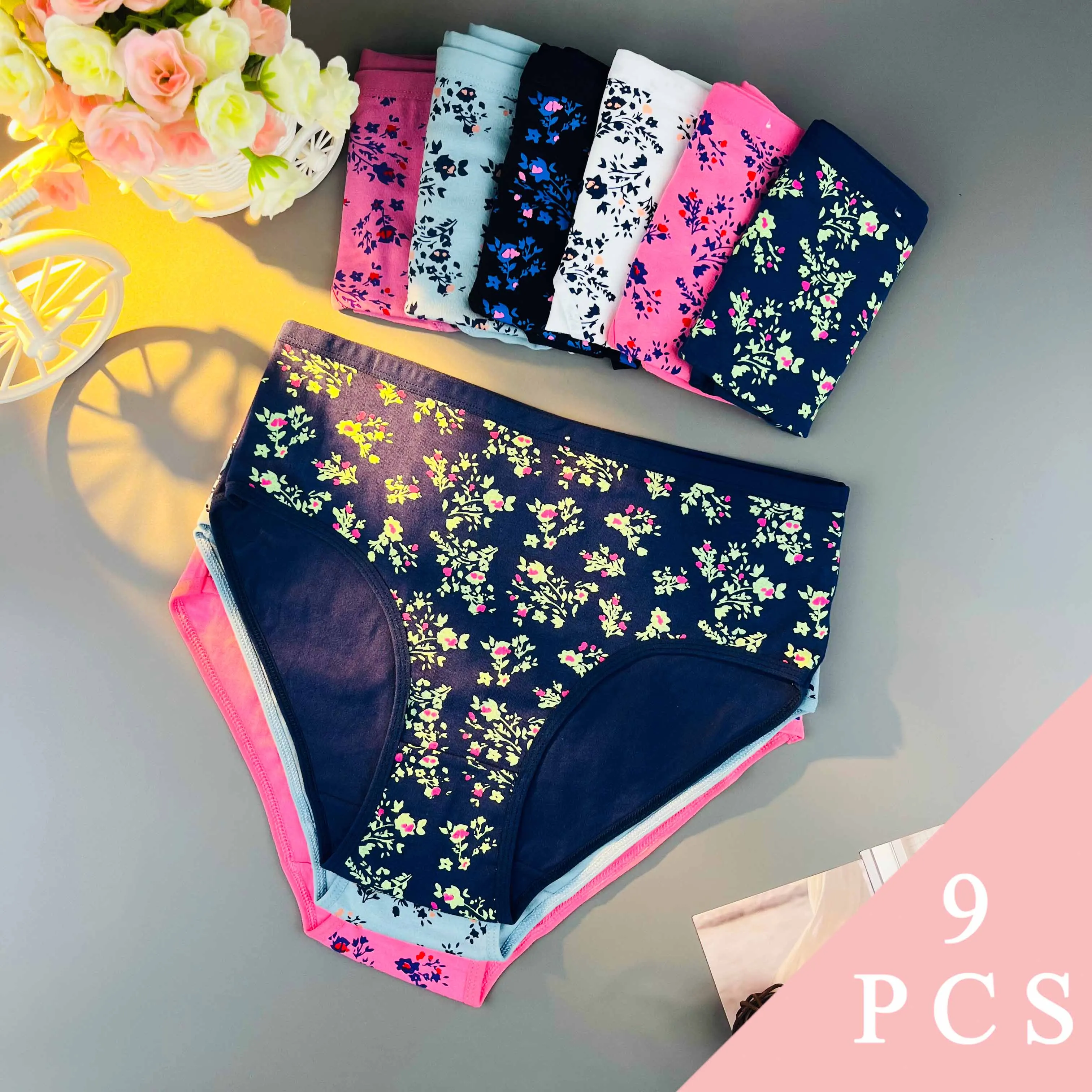 9 Buah [Pakaian Dalam Wanita] Celana Dalam Hadiah Natal Halloween Celana Dalam Wanita Gambar Bunga Lucu Celana Dalam Lingerie Mid-Rise