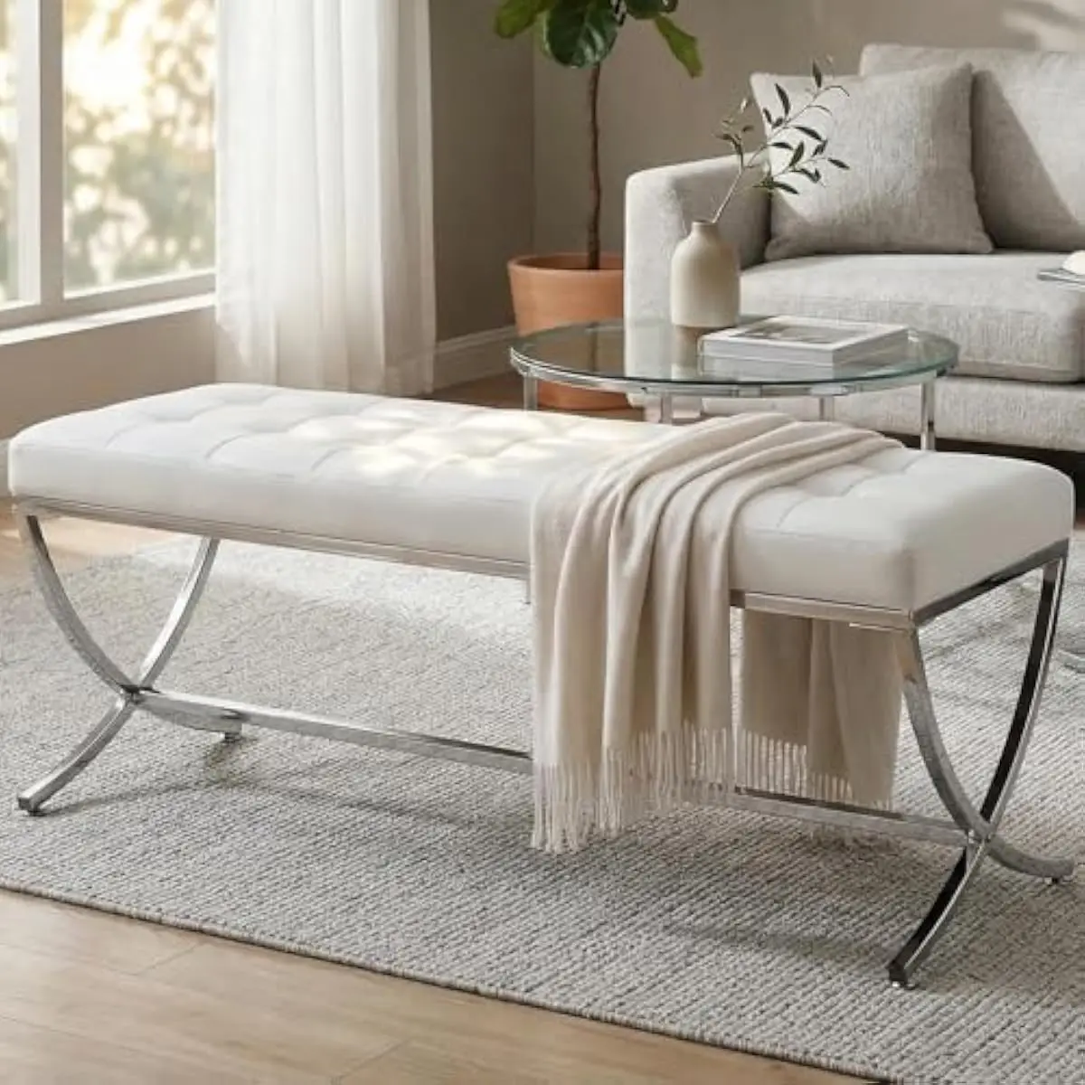 Contemporary White Faux Leather Bench with Chrome X-Leg Frame • Tufted High-Density Cushion • 45.75 Inch Wide • Space-Saving Mod
