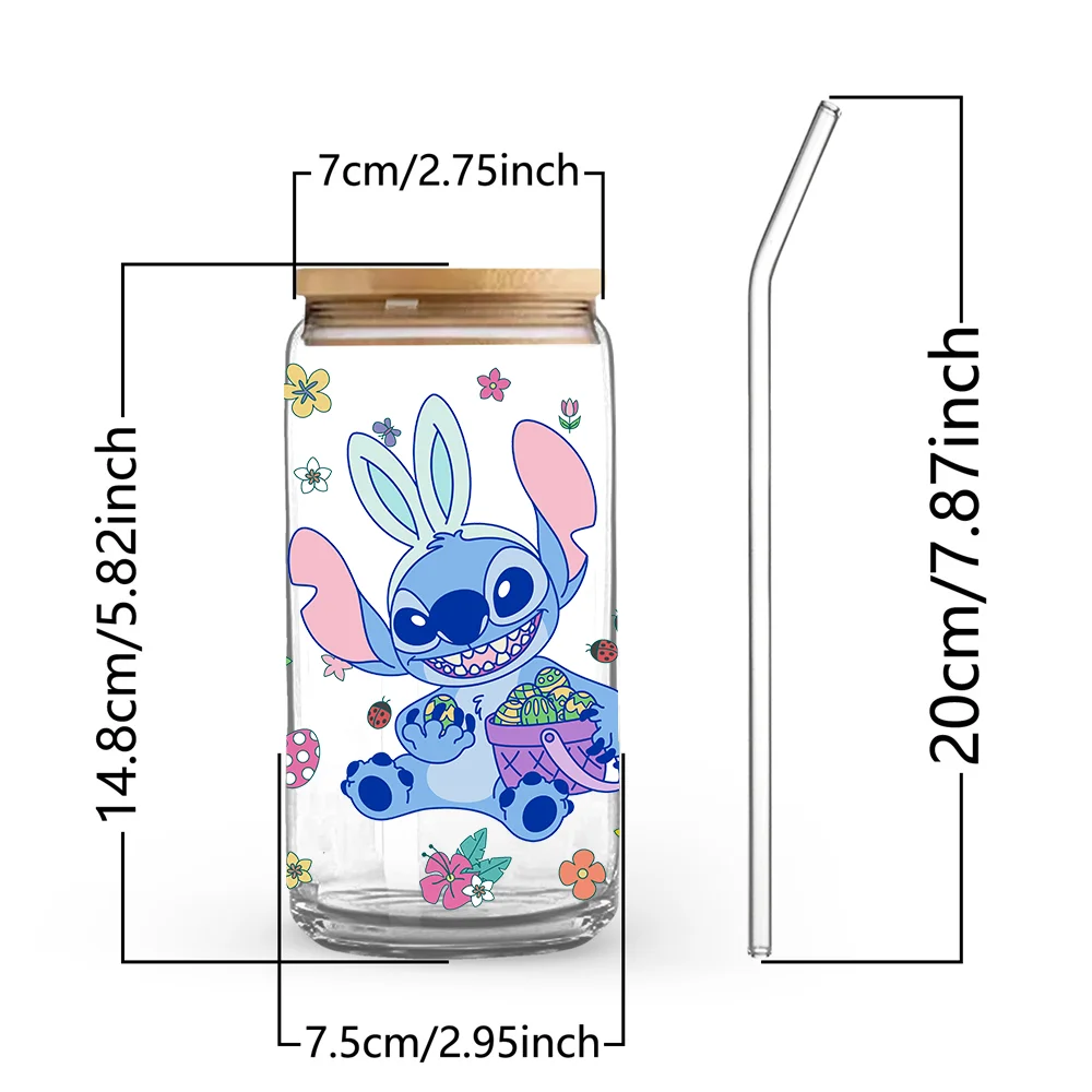 1pc 16oz Disney Stitch Easter Borosilicate Glass Tumbler with Lid & Straw Cute Summer Cup for Iced Coffee Juice Perfect Gift