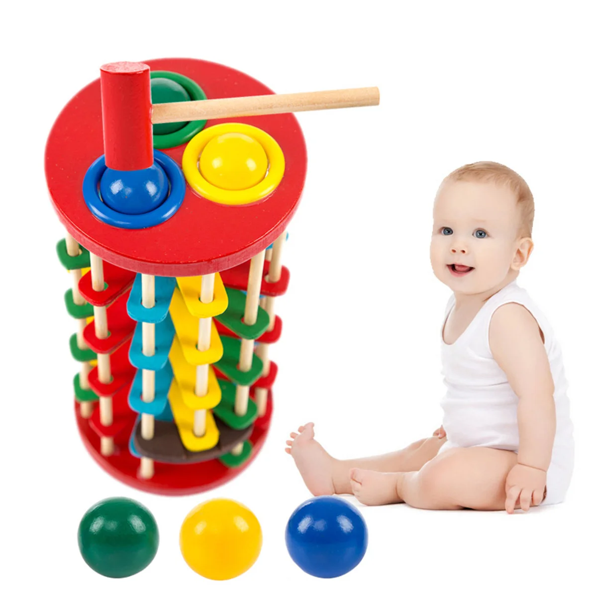 

Wooden Hammer Knock Educational Kids For Color Recognition Hand-Eye Coordination Developmental Play Smooth-Sanded