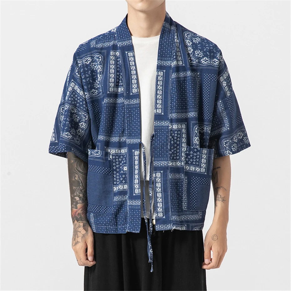 Kimono Shirts Men Hip Hop Streetwear Cardigan Shirt Male Summer Shirts Crane Bandana Pattern Kimono Loose