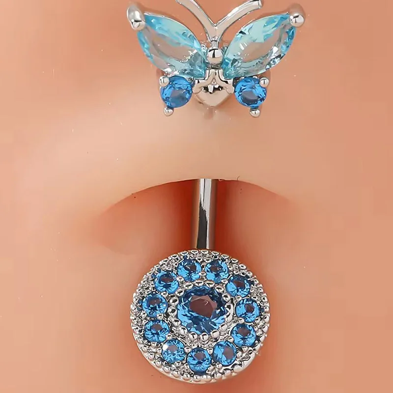 1PCS Blue Crystal Belly Button Rings Stainless Steel Heart Navel Piercing Barbell For Women Butterfly Belly Ring Beach Jewelry