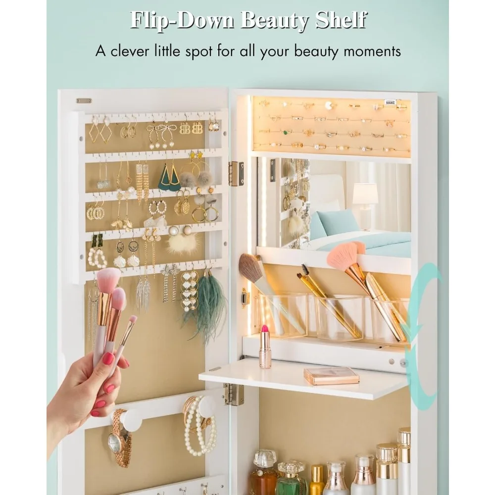 خزانة مجوهرات بمرآة مثبتة على الحائط مع أضواء، 42 بوصة طويلة فوق الباب، خزانة مجوهرات معلقة، 3 أوضاع ألوان مجوهرات