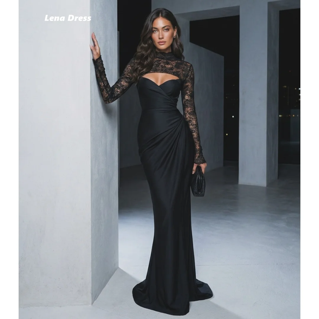

Embroidered Lace Woman Party Dresses for Special Occasions Lena Round Neck Customized Luxury Women's Evening Dresses Black Dress