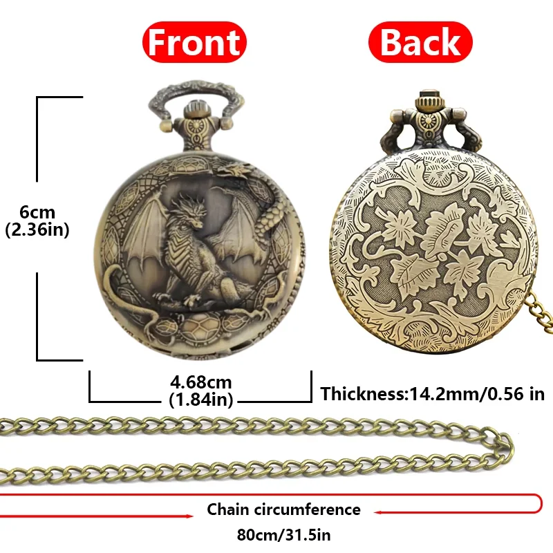 Vintage Steampunk hübsche, mit Drachen geschnitzte Quarz-Taschenuhr, Halskette, Anhänger, Uhrkette, Geschenke für Männer und Frauen – Detail 5