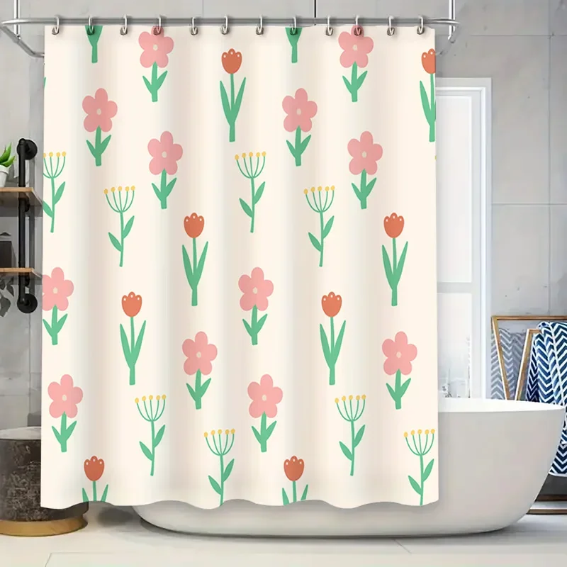 

Flower Printed Shower Curtain with Hooks for Bathroom Decoration Pink Red Green Made from Environmentally Friendly Materials