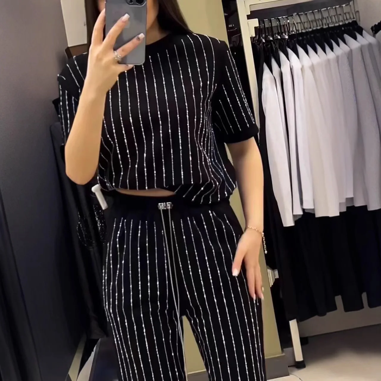 Summer Women Knitted Diamonds Beaded Vertical Striped T-Shirts Rhinestones Short Sleeve Crop Tees + Long Striped Pants 2Pcs Set