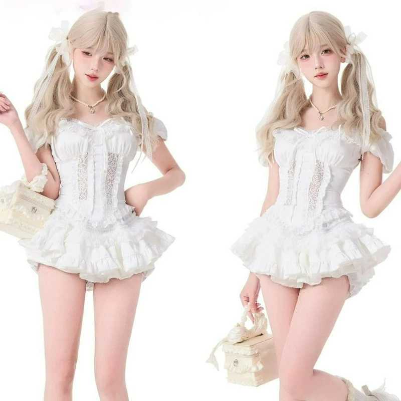 French Style Kawaii Lolita Style Skirt Set Women Sweet Square Neck Puff Short Sleeve Tops Y2k Mini Cake Skirt Cute White Outfit view 3
