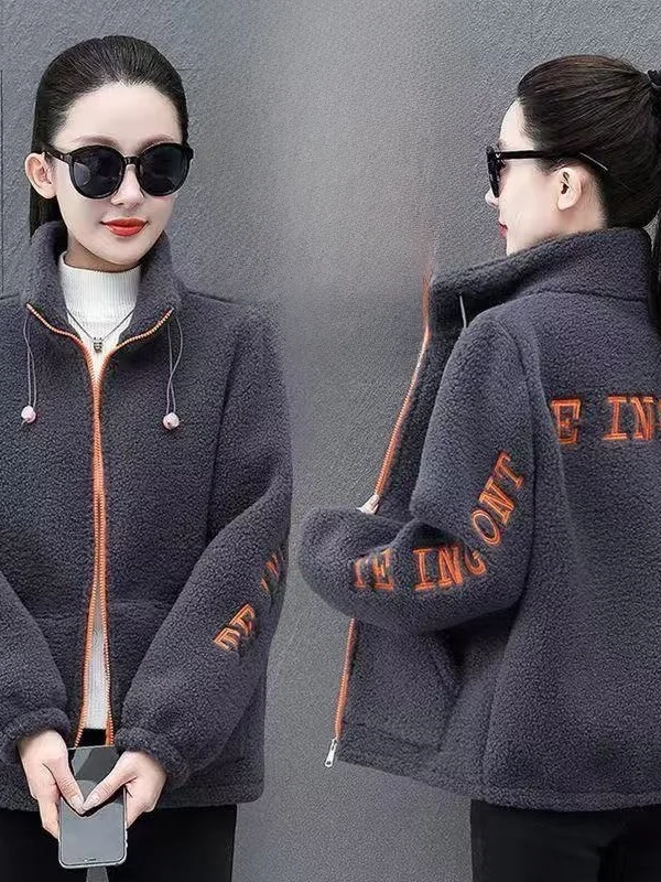 

Ladies plus Size Hoodie Thickened Lamb Fur Stand Collar Sweatshirt Loose Korean Style Autumn Winter Outerwear Casual Commute