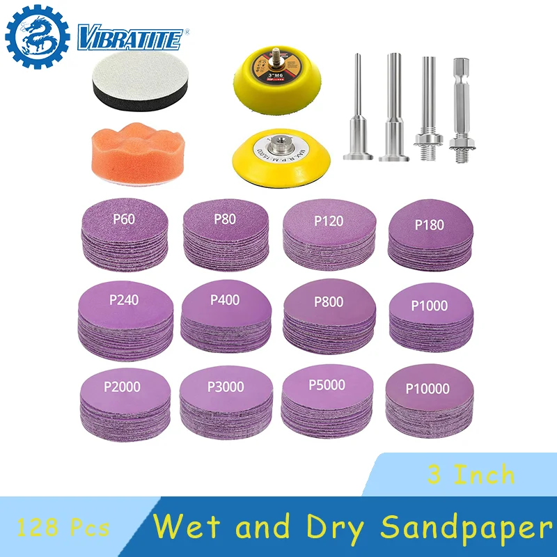 3 Inch Wet Dry Sanding Discs Set 128 Pcs Assorted 60-10000 Girts with Sanding Pad Buffing Pad Sponge for Polishing Car Metal