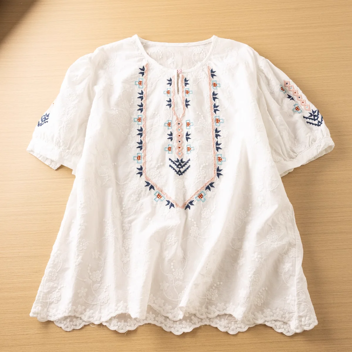 Women Summer Blouse Ethnic Style Retro Literature Loose Lace Embroidered Cotton Shirt and Blouses Boho Clothing