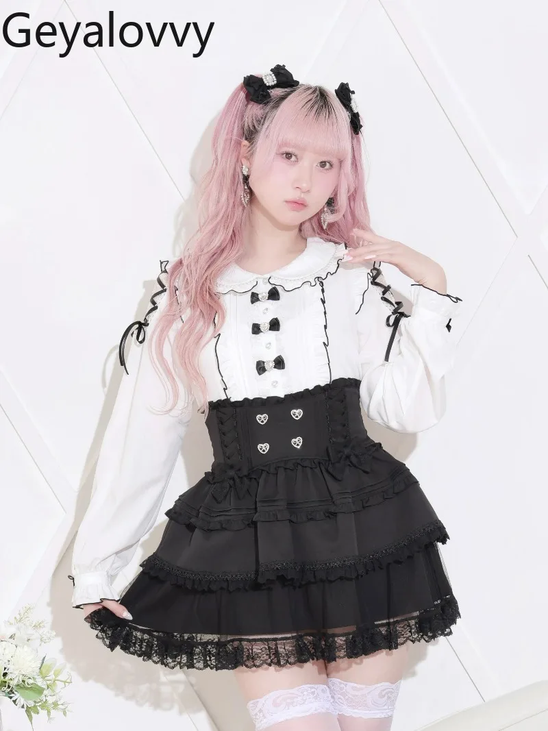 

Новая блузка 2026 года с жемчужным воротником и кружевной завязкой, длинный рукав, милый стиль Харадзюку, массовое производство, с бантом, белый топ для женщин