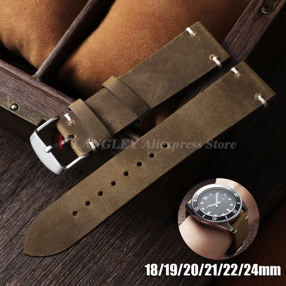 18mm 19mm 20mm 21mm 22mm 24mm Vintage Oil Wax Cowhide Leather Watch Band Handmade Stitching Strap for Omega for Rolex Wristbands