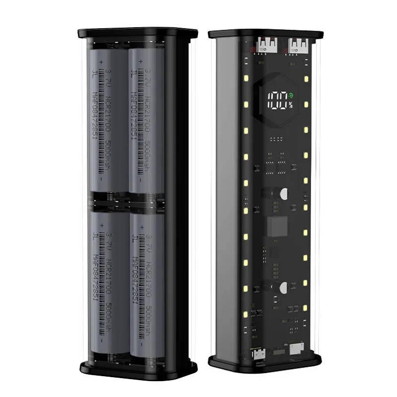 Transparent 4-Port 22.5W Fast Power Bank Solder-Free 4-Cell 21700 Battery Case Portable PD Battery Storage Box with OutdoorLight