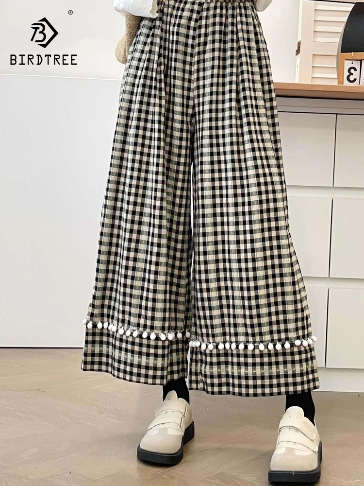 

New 2026 Spring Cotton Wide-leg Pants, Women Elastic Waist Plaid Pocket Patchwork, Mori Girl French Vintage Trousers B61424CC